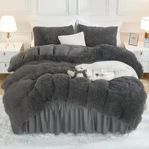 Faux Fur Dark Grey Comforter Full Size, 3 Pieces Fuzzy Plush Gray Bedding Comforter Set (1 Shaggy Velvet Comforter & 2 Pillowcases), Soft Puffy Comfy Bedding Set