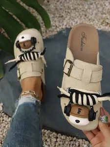 Cute Bear Decor Birken Style Slide Sandals, Comfy Thick Sole Non Slip Soft Summer Outdoor Shoes