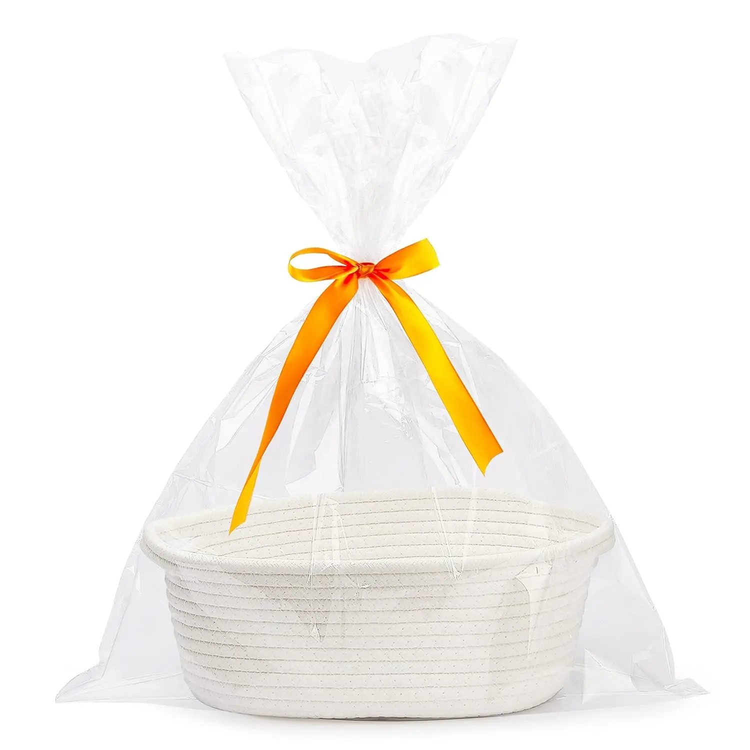 Small Woven Easter Basket – Durable Gift Basket with Handles, Includes Gift Bags & Ribbons, Perfect for Storage, Baby Toys & Holiday Gifts (12"x8"x5") White