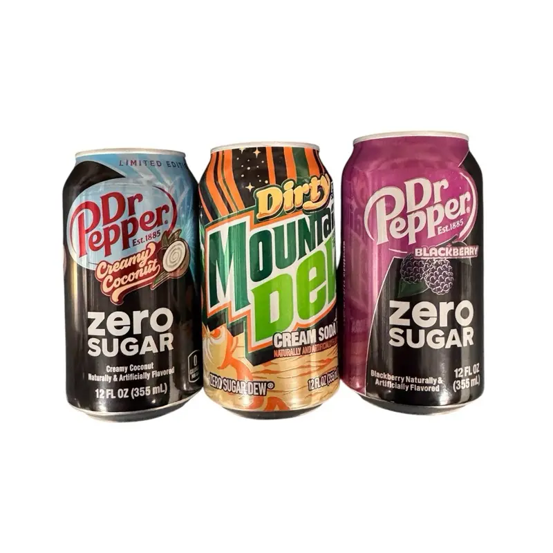 Zero Sugar Drink Pack of 3- Dr Pepper Creamy Coconut, Mountain Dew Dirty Cream Soda, & Dr Pepper BlackBerry