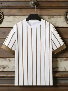 Men's Vintage Striped Colorblock Short Sleeve T-Shirt, Casual Loose Fit Round Neck Top, Breathable Comfortable Street Style Tee