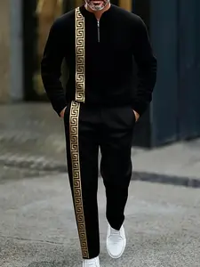 Men's Black Luxury Gold Meander Trim Half-Zip Tracksuit Streetwear Casual 2-Piece Set for Everyday Wear Outfit Long Sleeve