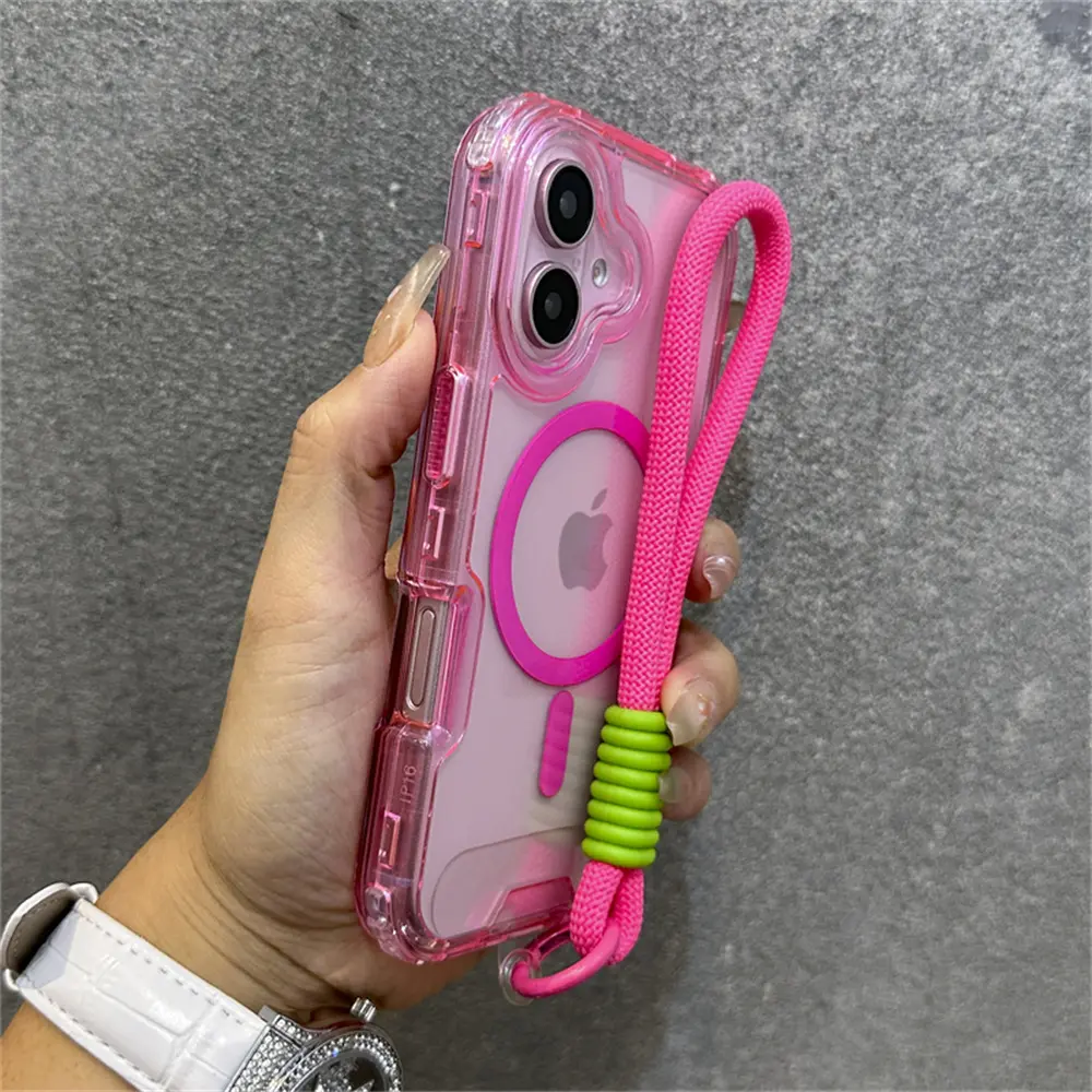 Luxury With Lanyard Clear For Magsafe Phone Case For iPhone 14 13 15 16 Pro Max Shockproof Armour Wrist Strap Back Cover