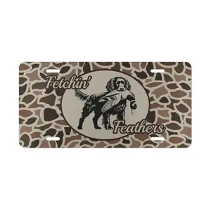 [ CAMO NATION ] Old School Camo License Plate - "Fetchin Feathers" Boykin Spaniel - Vintage Hunting Style Vanity Tag - Rugged Bird Dog Truck Accessories - Gift for Hunter