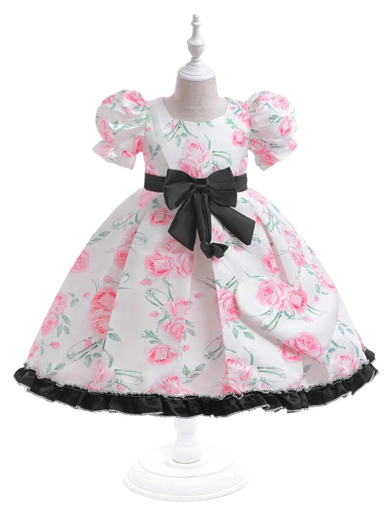 Girl's Floral Print Dress with Bag, Elegant Romantic Satin Dress Set for Party, Kids Clothes for All Seasons