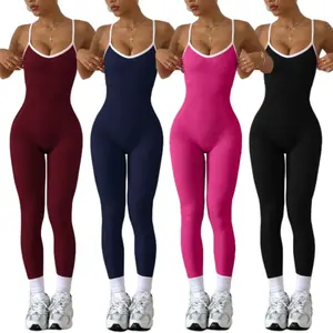 Women's Seamless Color-Block Jumpsuit, Backless Yoga Unitard with Striped Cross-Back Strap, Full-Body Workout Suit for Gym Fitness & Casual Wear, High-Elasticity Machine-Washable Athletic One-Piece