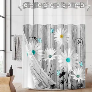 No Hook Flower Daisy Shower Curtain with Snap in Liner Set, Gray Wooden Boards Double Layers Waterproof with See Through Window Open Grommet Bath Curtain 54x80 Inch Grey Double Layer Shower Curtain Set pattern bathroom accessory curtain panel