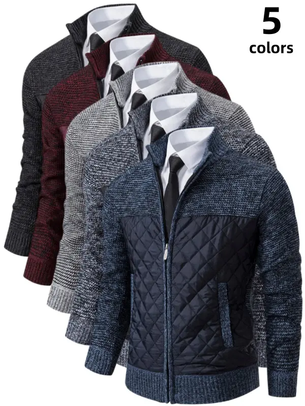 Men's Longsleeves Full-Zip Stand Collar Fleece-Lined Thick Quilted Front Polyester Splice Knit Cardigan Coat, Soft Stretch Regular Fit Casual Basic Outerwear, Warm Windproof Layering for Office Daily Fall Winter
