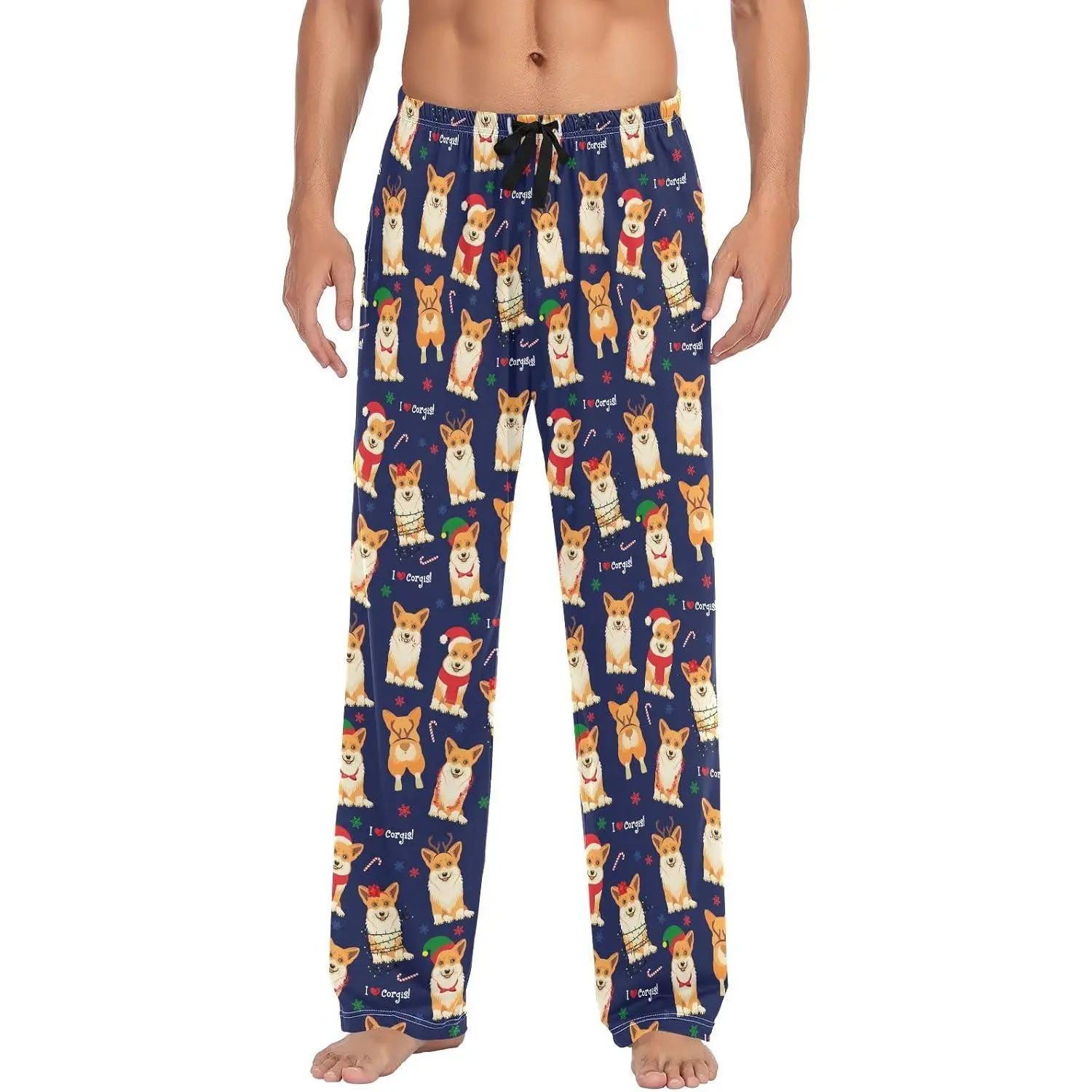 Men's Cotton Pajama Pants Soft Comfy Sleep & Lounge Christmas Corgis Pjs Bottoms with Pockets