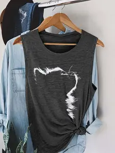 Women's Cat Print Round Neck Tank Top, Casual Top for Daily Wear, Ladies Clothes for All Seasons, Stretch Tank Tops, Stylish Sleeveless Tank Top