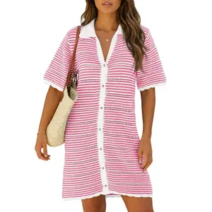 Women's Striped Polyester Crochet Knit Coverup, Short Sleeve Button-Down Hollow-Out Beachwear with Medium Stretch, Summer Mini Dress for Beach Vacation, Crochet Bikini Coverups, Swimwear Coverups