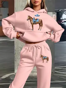 Women's Fall Winter Sportswear Set, Western Cowboy Style Horse Hat Element, Casual Hooded Sweatshirt & Long Pants