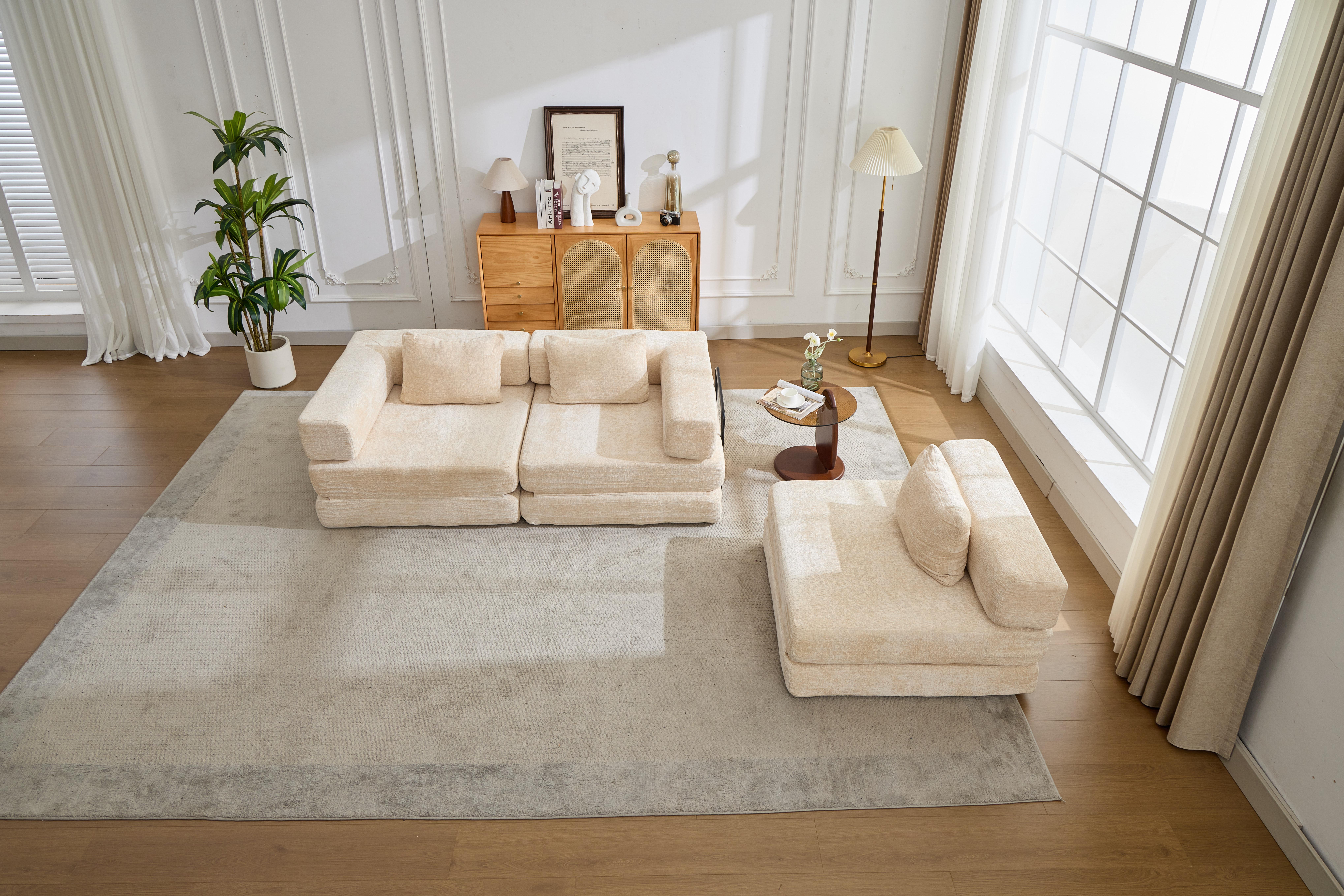 Niccae Convertible Floor Sofa Bed Chenille Modular Sectional No Assembly for Living Room Bedroom Space Saving Multi Purpose Furniture