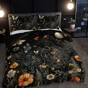 Magical butterfly and flower patterns on a black background Duvet Cover Set, 3 Piece Includes 1 Fitted Sheet and 2 Pillowcases, Soft Breathable Design