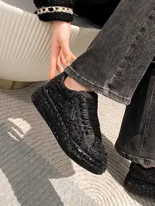 Full Diamond Thick Sole Rubber Sport Casual Walking Shoes, Unique Design Handmade Embellished Luxury Thong Dad Sneakers, Party Banquet Multi-Scene Cool Women's Shoes