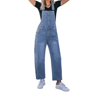 luvamia Women's Barrel Leg Denim Overalls, Baggy Stretchy Bib Jumpsuit with Pockets, Loose-Fit Strap Design, Lakeside Blue Womenswear