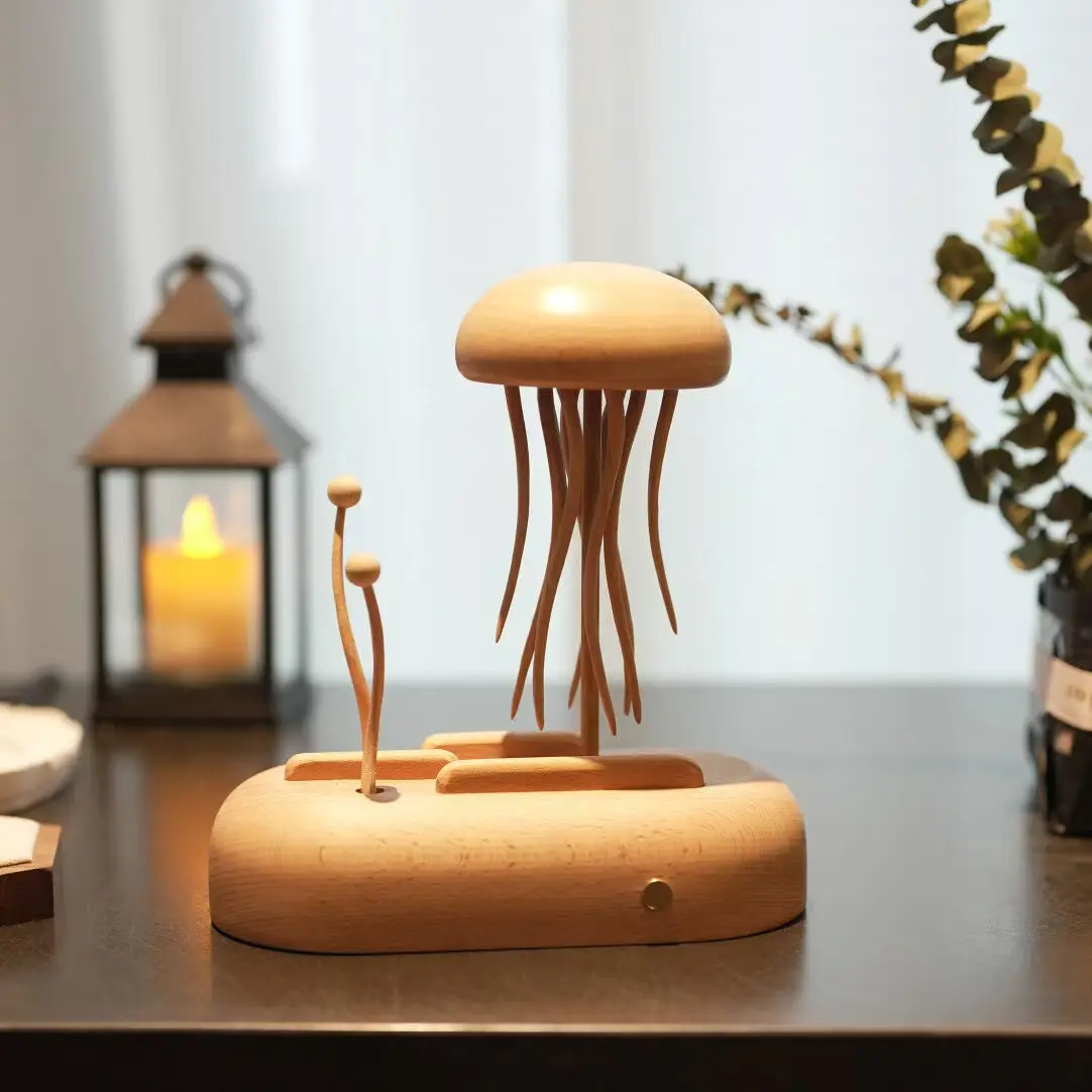 Ocean Lovers Wooden Jellyfish Automaton Handcrafted Walnut Wood Sculpture with Lifelike Tentacle Motion Rechargeable Battery Decor Gift 21cm x 11cm x 22cm - Ornaments