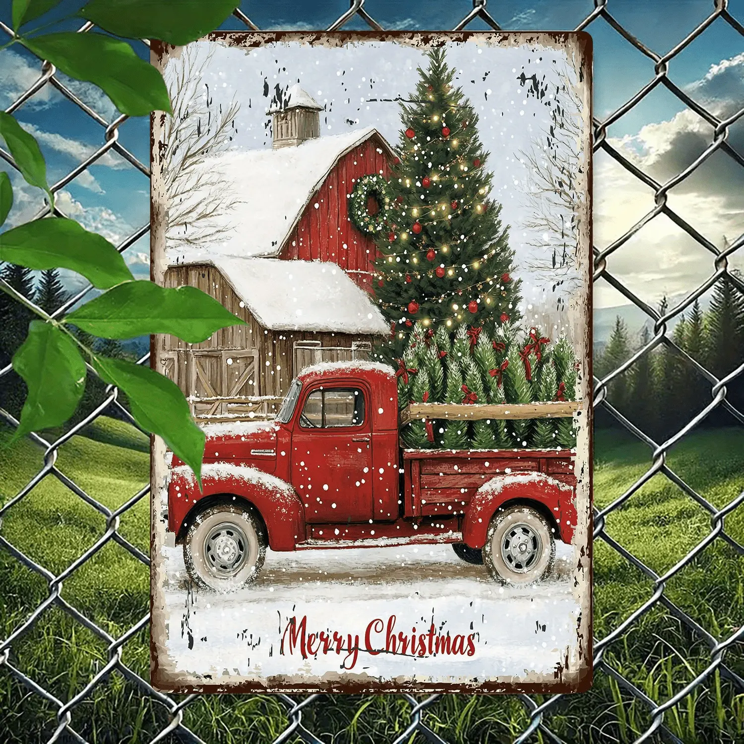 Merry Christmas Vintage Metal Sign - 8X12 Inches, Rustic Red Truck with Christmas Tree Design, Easy to Hang Wall Decor for Home, Bar, Cafe, Garage, Metal Outdoor Decor Halloween Christmas Decorations
