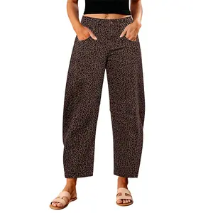 GRAPENT Leopard Barrel Jeans for Women Trendy High Waisted Wide Leg Baggy Cropped Relax Fit Stretch Denim Trouser Ankle Pants