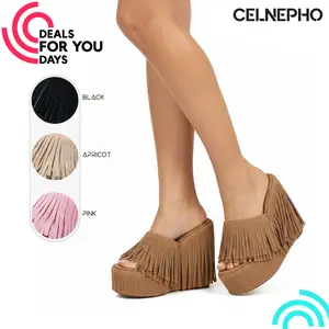 CELNEPHO Platform Sandals for Women Open Round Toe Wedge Heel Boho Cowboy Fringe Design Summer Sandals High Heels Easy Slip on Sude Fringe Party Wear Date Casual Wear Work Country Wedding Dress Shoes Deals For You Days