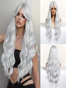 Silver Color Long Curly Wig for Women, High Temperature Fiber, Easy Wear, Suitable for Daily Use, Photography, Costume Parties, Cosplay