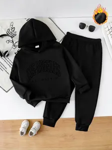 Boys' Fashion Casual Fall Winter Los Angeles Print Hooded Sweatshirt Set, Thick Warm Long Pants, Outdoor Sports for Kids Ages 12 & Below, Hoodies, Sweatpants, Go out sets, Youth kits