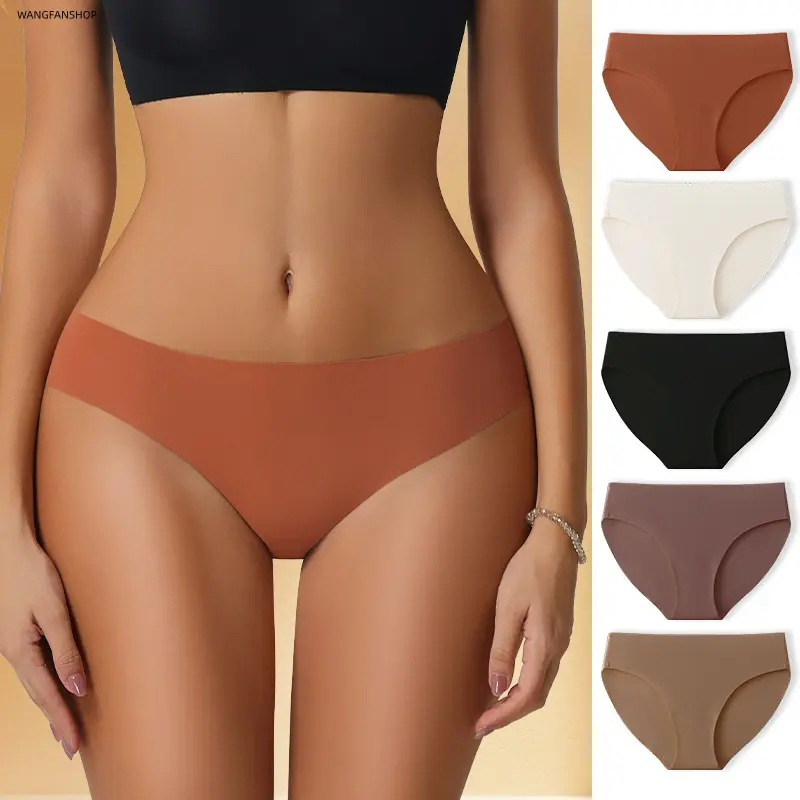 Pack of 5 women’s ice silk laser-cut seamless triangle panties with scalloped lace, invisible shorts that feel undetectable, highly elastic and breathable—ideal for yoga and fitness, everyday tight outfits.