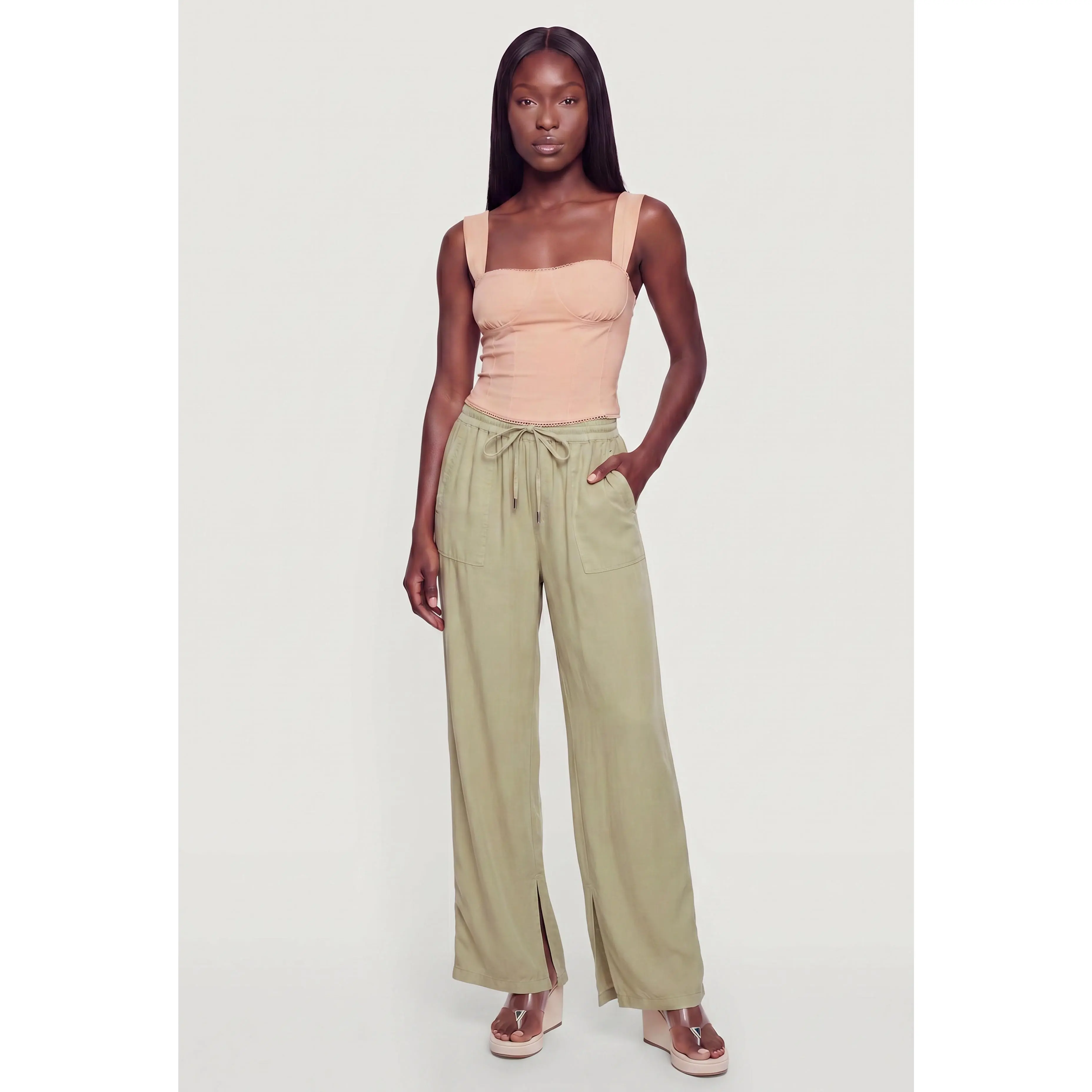 Drawstring Waist Side Slit Wide Leg Pants