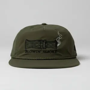 Blowin' Smoke Olive Green Unstructured 5 Panel Flat Bill Rope Hat with Duck Call Design & Adjustable Snapback Closure