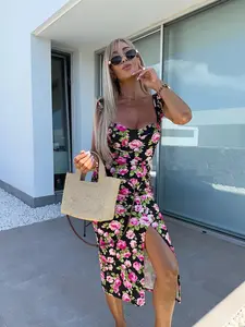 Elegant Women's Summer French Floral Strap Dress, Split Mid-Length Design, Stylish Ladies' Fashion, Perfect for Casual Wear, Everyday Womenswear