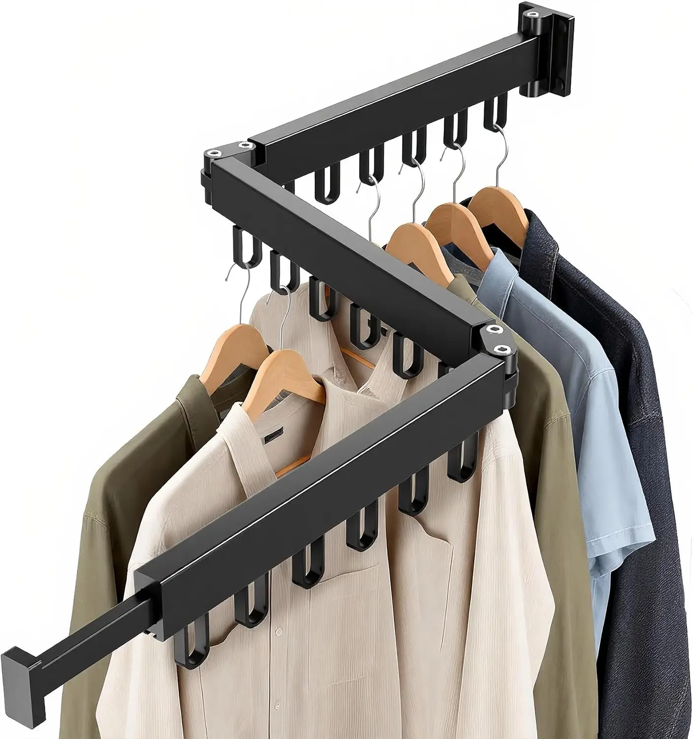 Wall Mounted Space-Saving Foldable Clothes Drying Rack with 18 Hooks for Indoor Outdoor Laundry Room Bathroom Balcony