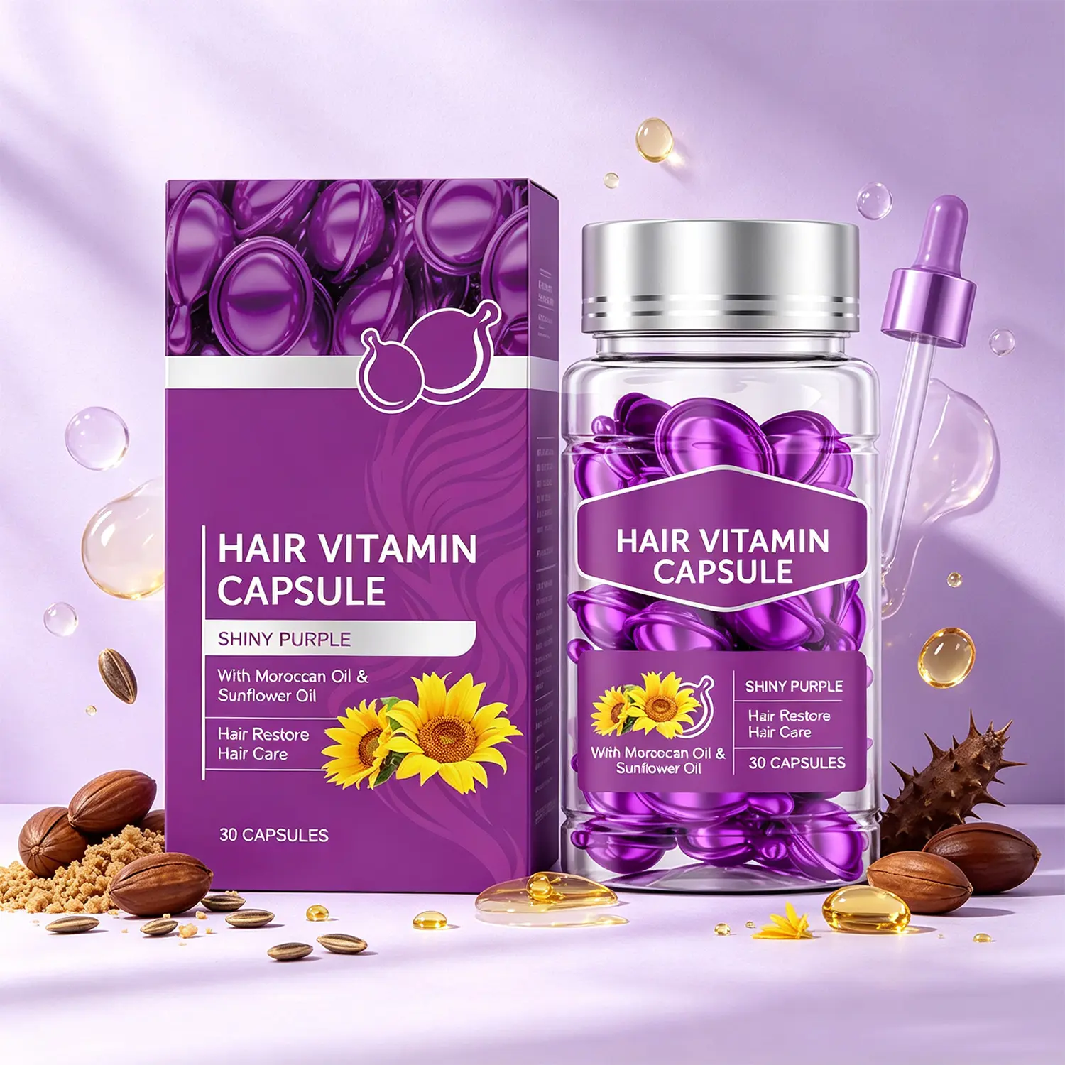 Hair Care Oil Capsules 30 Count with Argan Oil and Sunflower Oil for Color Treated and Permed Hair Smooth Shine Daily Hair Care