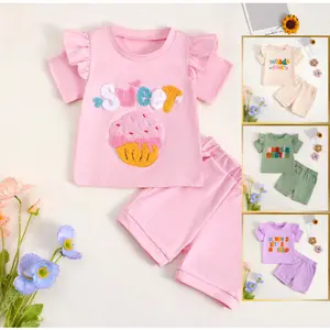 Adorable Summer Baby Girl Ruffle Sleeve Tee with "Sweet" & Cupcake Embroidery and Matching Shorts 2pcs Clothes,(0-3Y,Pink) Ready Stock ZGD020-A