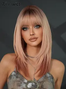 Ombre Peach Blonde Layered Wig with Bangs for Women 18 Inch Shoulder Length Straight Wig with Peach Pink Blonde Ends Dark Roots, Natural looking Soft Heat Resistant Fluffy Synthetic Fiber Wig for Daily Party Wear, Beginner friendly wigs
