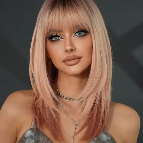 Ombre Peach Blonde Layered Wig with Bangs for Women 18 Inch Shoulder Length Straight Wig with Peach Pink Blonde Ends Dark Roots, Natural looking Soft Heat Resistant Synthetic Fiber Wig for Daily Party Wear, Beginner Friendly Hair Wigs