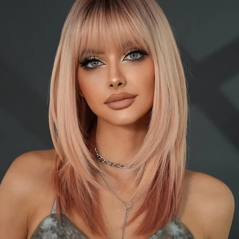 Ombre Peach Blonde Layered Wig with Bangs for Women 18 Inch Shoulder Length Straight Wig with Peach Pink Blonde Ends Dark Roots, Natural looking Soft Heat Resistant Synthetic Fiber Wig for Daily Party Wear, Beginner Friendly Hair Wigs