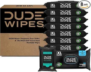 DUDE Wipes - Flushable Wipes - Unscented 8 Pack + Mint Travel Pack, 402 Wipes - Extra Large Dispenser Wet Wipes with Vitamin E & Aloe For Men - Septic and Sewer Safe