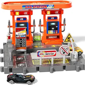 Toy Cars Playsets (Includes Two Cars), Kids Gasstation Pump Toys with Moveable Hoses, Parking Lot, 1:64 Scale Die-Cast Toy Cars and Car Garage Toys for Toddlers 1-3, Parking Lot with Track, Car Garage Toys,Car-Activated Playing Method#SummerVibes