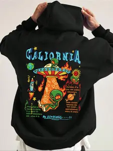 Men's Cartoon Alien & Letter Print Drop Shoulder Hoodie, Regular Fit Casual Drawstring Pocket Hooded Sweatshirt for Daily Holiday Outdoor Wear, Men Clothes for Fall & Winter