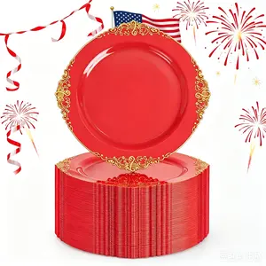 Nervure 100Pcs Red and Gold Plastic Plates - 7.5inch Red Disposable Plates - Heavyweight Plastic Plate - Dessert Plate for Wedding & Party & Independence Day