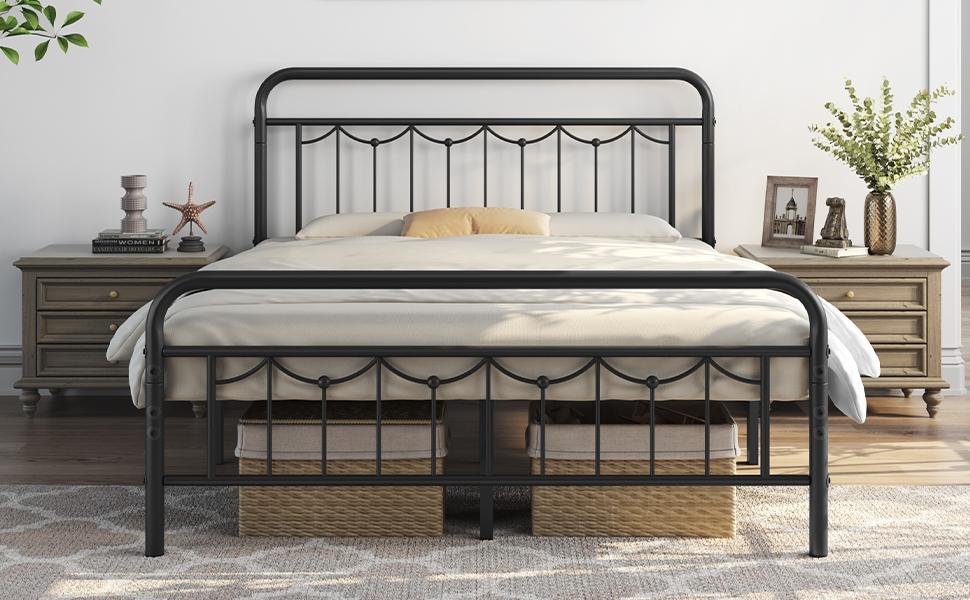 Yaheetech Antique Gold Queen Size Metal Bed Frame with Vintage Headboard Footboard Heavy Duty Steel Slat Support Ample Under Bed Storage No Box Spring Needed - Platform Bedframe