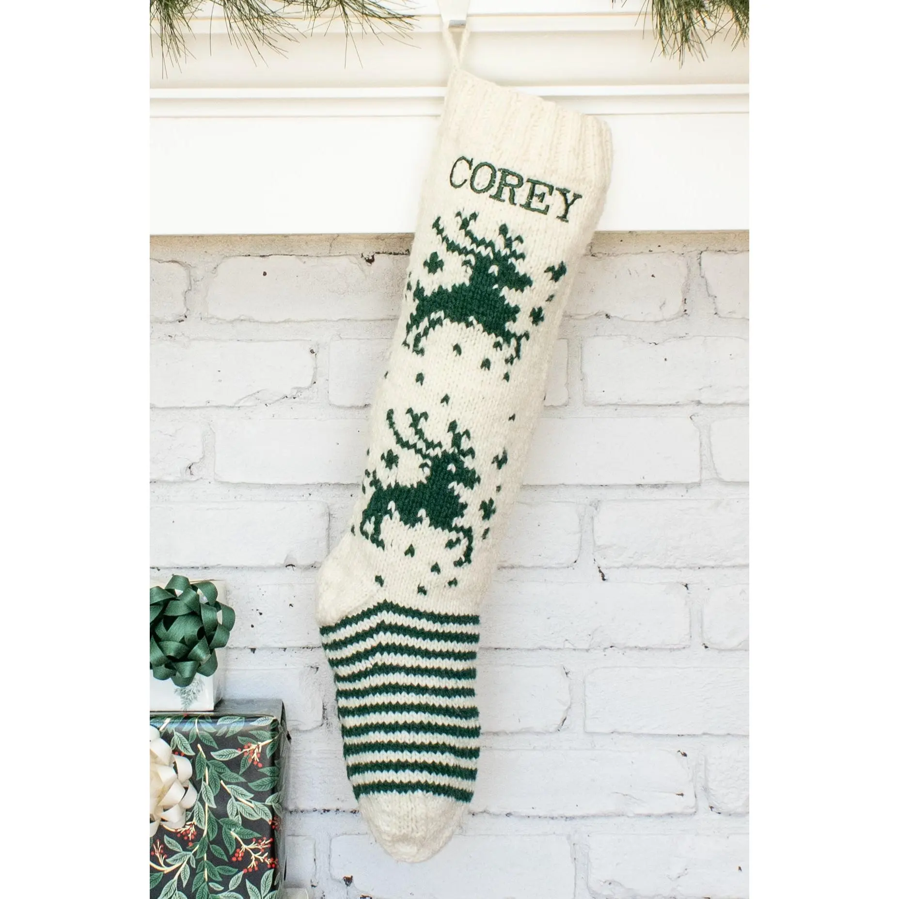 White and Green Deer Personalized Christmas Stocking