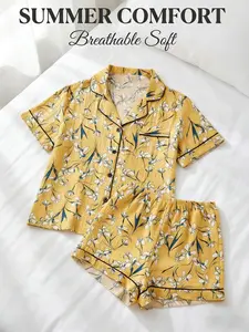 Women's Comfortable Short Sleeve Pajama Set, Floral Print, Elastic Waist Shorts, Relaxing Home Wear, Two-Piece Sleepwear