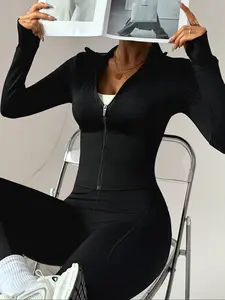 Women's Solid Color Zip Up Sports Jacket, Casual Long Sleeve Collared Zip Front Outerwear for Daily Wear, Ladies Sportswear for All Seasons