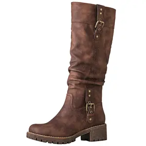 GLOBALWIN Women's Brown Knee High Riding Boots For Women Chunky Low Heel Size 9.5M