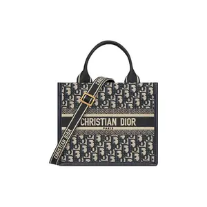 Dior Book Tote Small Blue Women's Adjustable Detachable Shoulder Strap Tote Bag with Embossed Leather