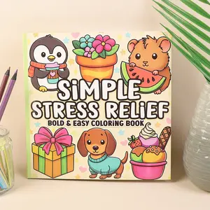 Simple Stress Relief Coloring Book, Bold Minimalist Design, Cute Animal and Item Illustrations, Perfect Birthday Gift, Mindfulness Relaxation