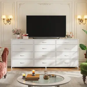 12 Fabric Drawer Storage Dresser Solid Wood Top Metal Frame TV Stand Fits 60 Inch TV Multifunctional Organizer Cabinet White Furniture for Bedroom Living Room Home Decor
