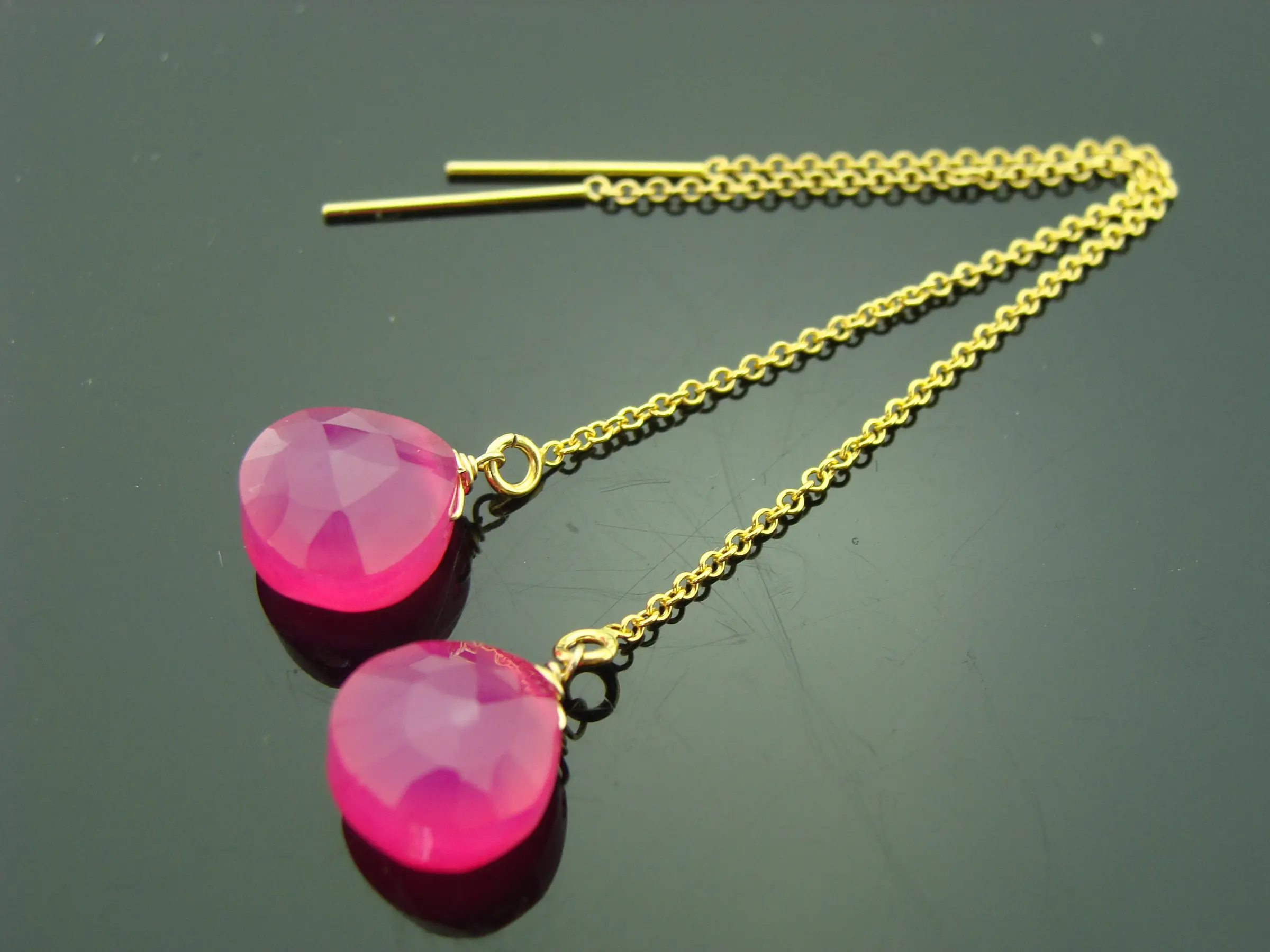 Hot Pink Chalcedony Threader Earrings · 14K Gold Filled · Long Dangle Ear Threads