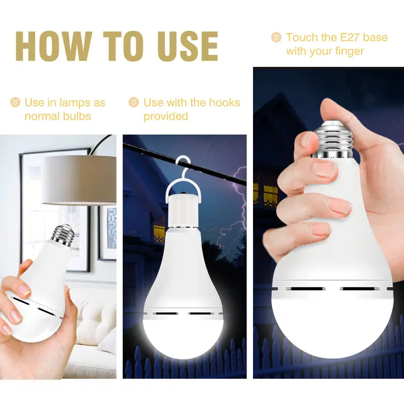 4pcs 2-in-1 Battery LED Lights Rechargeable LED Emergency Bulb All-Inclusive Kit - Auto-Charging E26/E27 Base, 85v-265v, 12W (60W Equivalent), 6000K Daylight, 1200mAh, Ultra-Long Standby for Home Power Outages, Camping,home decor